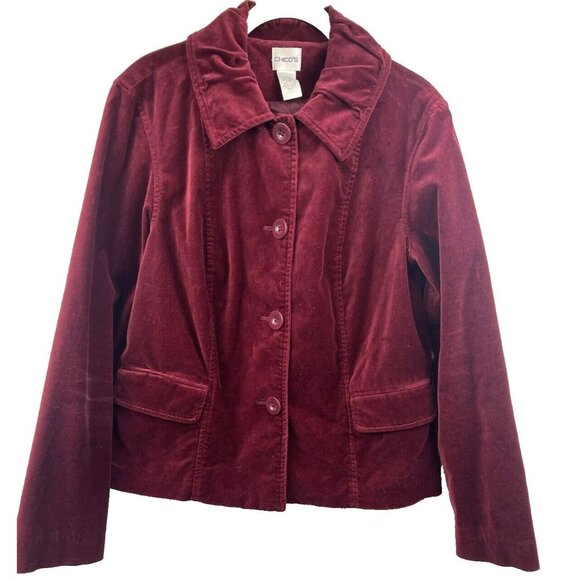 Chico's Women's Jacket Size Medium Dark Red Lined Velvet Button Up Long Sleeve - Picture 1 of 6